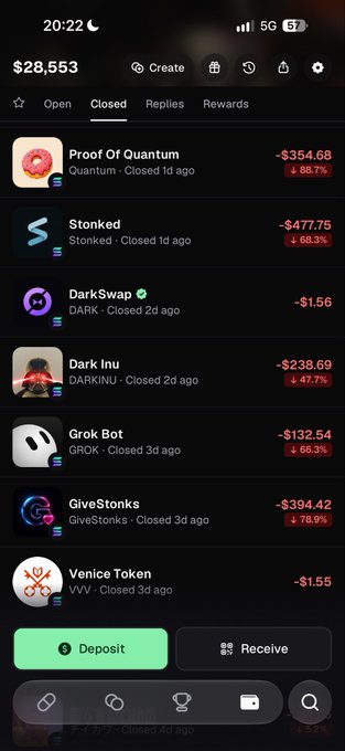 A screenshot of a crypto portfolio showing a $28,553 balance with closed positions displaying significant losses: Proof Of Quantum (-$354.68, 86.7%), Stonked (-$477.75, 68.3%), Dark Inu (-$238.69, 47.7%), Grok Bot (-$132.54, 66.3%), and GiveStonks (-$394.42, 78.9%), illustrating the poster's struggle with trading low-cap meme coins.