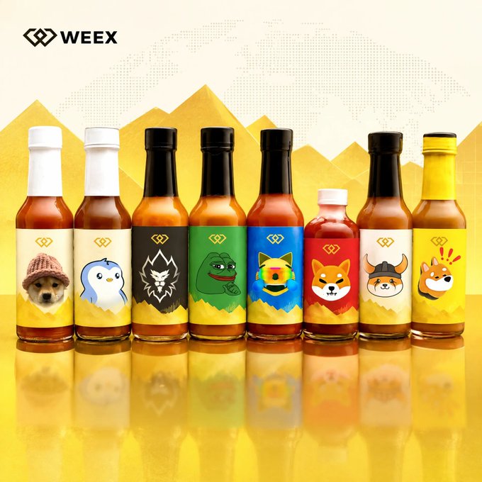 A promotional image for WEEEX featuring eight hot sauce bottles with colorful labels displaying meme and crypto characters like a dog with a beanie, penguin, wolf, Pepe frog, Shiba Inu, and Shiba Inu with a viking helmet against a yellow mountain background.