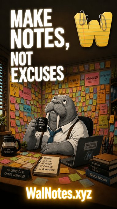 This vibrant promotional image features an anthropomorphic walrus wearing a shirt and tie, sitting at a desk surrounded by a wall completely covered in colorful sticky notes labeled with various themes like "IDEAS," "IMPORTANT," "INSPIRATION," "TO DO," "TASK LIST," and "GOALS." The walrus holds a coffee mug reading "FOCUS & CONQUER" while working at a laptop displaying "MAKE NOTES NOT EXCUSES." Bold text at the top declares "MAKE NOTES, NOT EXCUSES," complemented by a large "W" logo formed from sticky notes. Desk props include a "LIQUID MOTIVATION" cup, nameplates identifying the walrus as "WALRUS CEO CHAOS MANAGER," and books titled "STRATEGY," "FOCUS & DISCIPLINE," and "WALRUS WISDOM." The image humorously illustrates the chaos of managing countless notes and ideas, which connects to the post's message about using