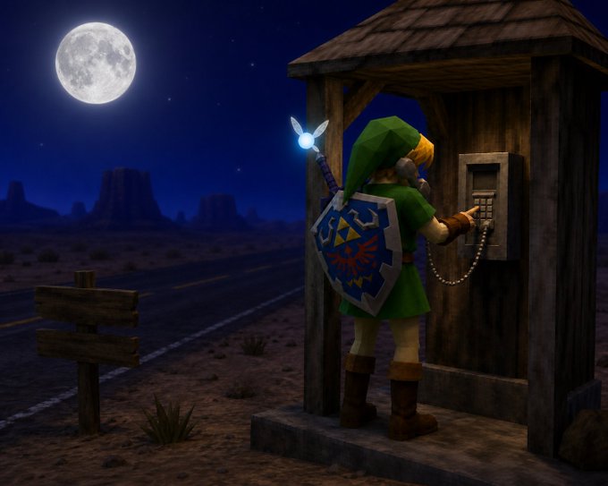 Link, the protagonist from *The Legend of Zelda: Ocarina of Time*, stands at a wooden phone booth in the desert under a full moon, holding the receiver to his ear—evoking a lonely, late-night "waiting by the phone" vibe that mirrors the post's plea to be shilled a ticker before the markets move.