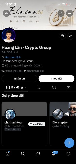 The image shows the X (Twitter) profile of "Hoàng Lân - Crypto Group" (@Elnino_CG), co-founder of a crypto group, with 157 followers and 14 people following, including suggested users like @chuthanhtoan and @khanhdkcry. The accompanying Vietnamese post warns followers about scammers impersonating him on Telegram and X, emphasizing that @Elnino_CG is his only official account.