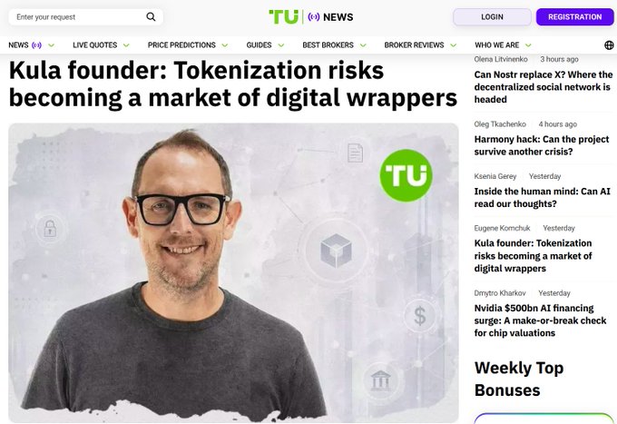 A TradersUnion.news article titled "Kula founder: Tokenization risks becoming a market of digital wrappers" features a photo of co-founder Chris Turner, who is quoted in the accompanying post warning about the difference between "referential" tokens that point to assets held elsewhere versus "title tokenization" where the token itself serves as the ownership record.