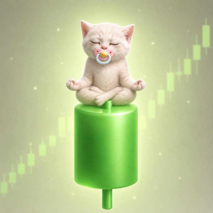 A white kitten with a pacifier sits in a meditation pose atop a large green candlestick, with a rising candlestick chart pattern ascending in the background. The image visually reinforces the post's message of $BABYCASHCAT remaining calm and zen during market volatility, symbolizing a patient holder waiting for the next bullish move.