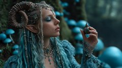 A fantasy-style character with long blue hair, elaborate jewelry, and pointed ears standing in a glowing blue forest.