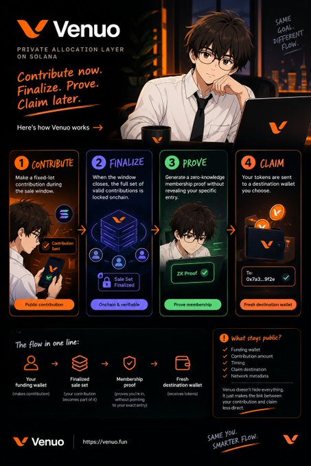 An infographic for 'Venuo Private Allocation Layer on Solana' outlines a four-step process: 'Contribute, Finalize, Prove, Claim' with the website 'https://venuo.fun'.
