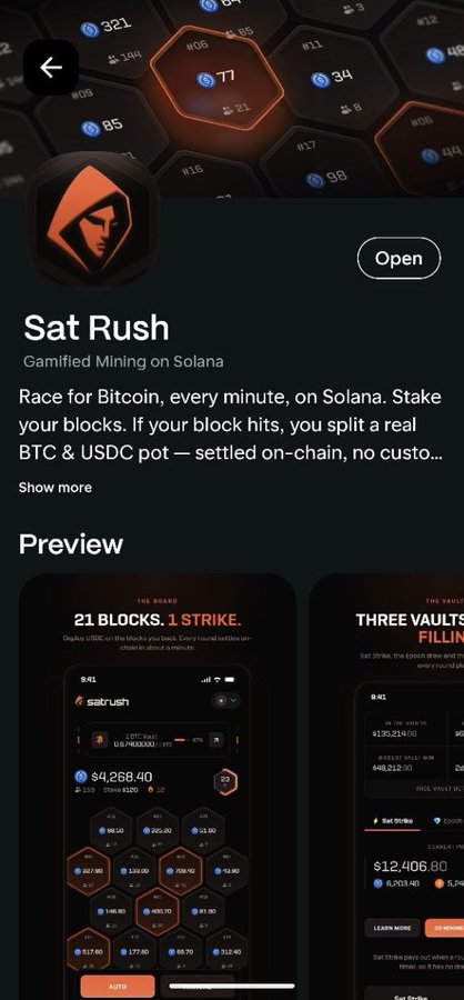 Mobile app store listing for 'Sat Rush,' a gamified Bitcoin mining app on Solana, featuring a hooded figure logo and a preview screen showing hexagonal blocks with values like 7.77.