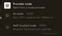 UI menu showing rental options for AI/GPUs including 'Provider node - Rent from a node provider', 'AI node - Rent GPU capacity for inference', and 'Self-hosted node - Register hardware you operate'.