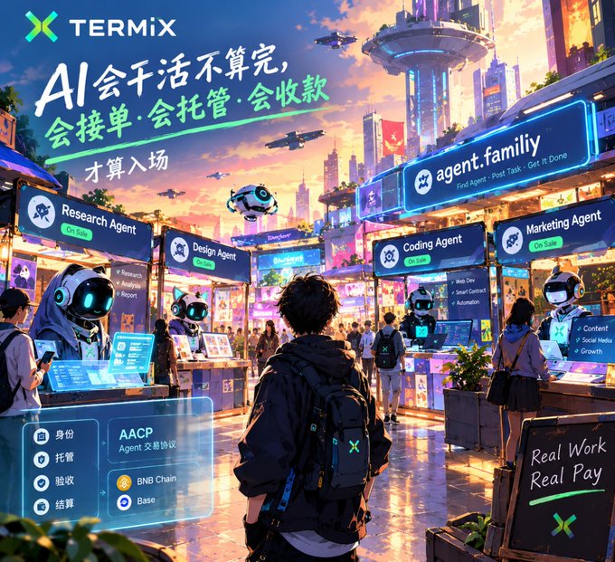 A vibrant cyberpunk marketplace illustration showcases Termix's vision of AI agents, featuring booths for "Research Agent," "Design Agent," "Coding Agent," and "Marketing Agent" (each labeled "On Sale"), with a person viewing the scene alongside text "AI会干活不算完，会接单·会托管·会收款，才算入场" (AI doing work isn't enough; it must take orders, manage escrow, and collect payments to truly enter the game) and references to "AACP Agent 交易协议," "BNB Chain," and "Base." The image visually reinforces the post's message by depicting AI agents as vendors in a bustling market, emphasizing that true value comes from their ability to conduct transactions and manage escrow—not just perform tasks like coding or research.