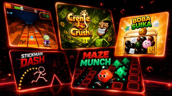 A promotional graphic displaying five mobile game icons including titles like "Crent Crush!", "BOBA SUIKA", "STICKMAN DASH", and "MAZE MUNCH" against a red-lit background.