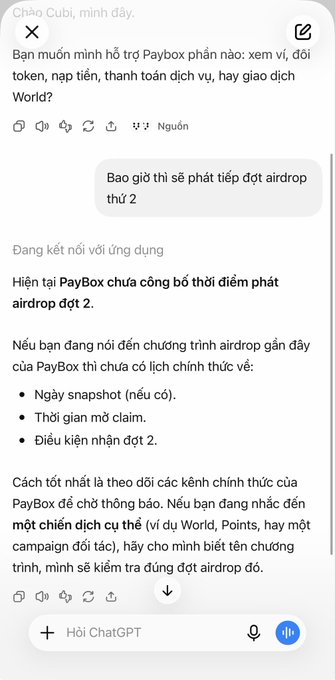A ChatGPT conversation in Vietnamese with the PayBox custom GPT, where the user asks when the second airdrop round will be distributed. The bot responds that PayBox has not announced a timeline for the second airdrop, advising the user to follow official channels for accurate information about snapshot dates, claim windows, and eligibility conditions.
