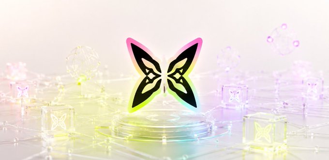 A stylized butterfly logo with neon edges displayed on a glowing platform with floating cubes, possibly representing a crypto or tech project.
