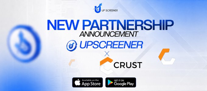 A promotional graphic announcing a new partnership between UPSCREENER and CRUST, featuring App Store and Google Play badges.