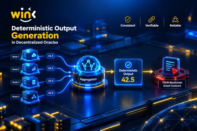 A promotional graphic for 'Wink' (WINk) explaining 'Deterministic Output Generation in Decentralized Oracles,' showing 4 nodes aggregating data to produce a verified output of 42.5 on the TRON blockchain.