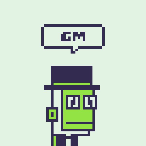 A pixel-art character with a green face and a speech bubble saying 'GM' (good morning) appears against a light green background.