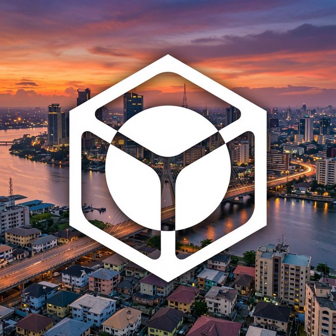 An aerial view of a coastal city at sunset with bridges and waterways, overlaid with a large white geometric logo featuring a crown inside a hexagon.
