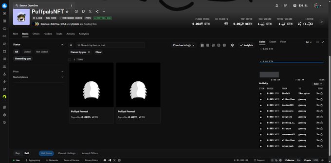 A screenshot of OpenSea showing a "PuffpalsNFT" listing page with two Puffpals items for sale priced at 0.0535 ETH and 0.0495 ETH, floor price of 0.0525 ETH.
