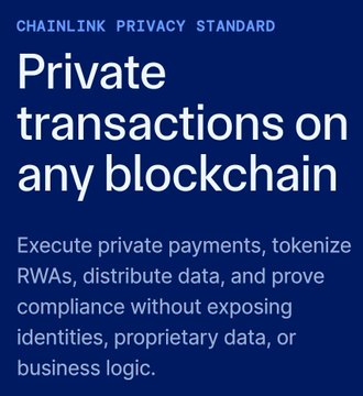 An advertisement for Chainlink Privacy Standard with the headline 'Private transactions on any blockchain' and text describing private payments, tokenization of RWAs, and data distribution without exposing identities.