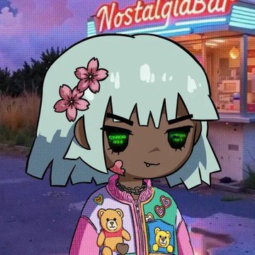 An animated-style illustration of a character with teal hair and pink flowers, wearing a colorful teddy bear jacket, with 'Nostalgia Bar' text in the background.