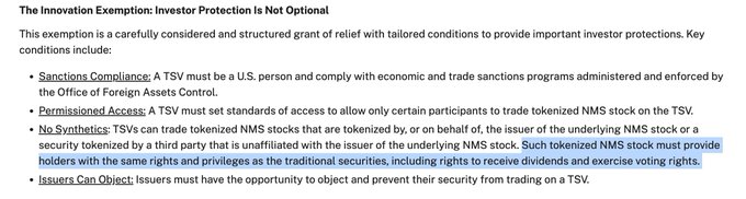 Text excerpt titled 'The Innovation Exemption: Investor Protection Is Not Optional' detailing SEC conditions for trading tokenized NMS stock, including sanctions compliance and issuer rights.