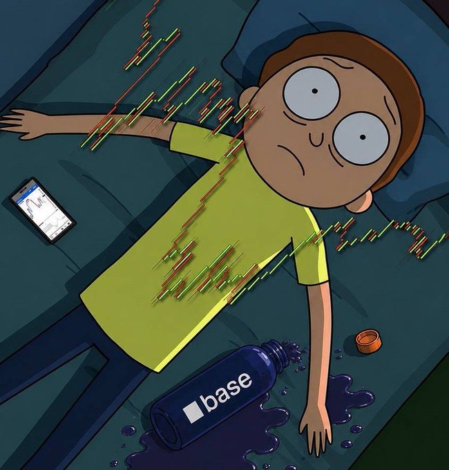 A cartoon illustration of a character resembling Morty from Rick and Morty lying unconscious on a bed, with a spilled 'base' branded water bottle, a phone showing a trading chart, and glitch effects across his body.
