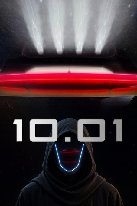 Stylized digital artwork showing a hooded figure with a glowing blue and red mask beneath a glowing UFO, with the text '10.01' and 'WHERE WE'RE GOING' faintly visible.
