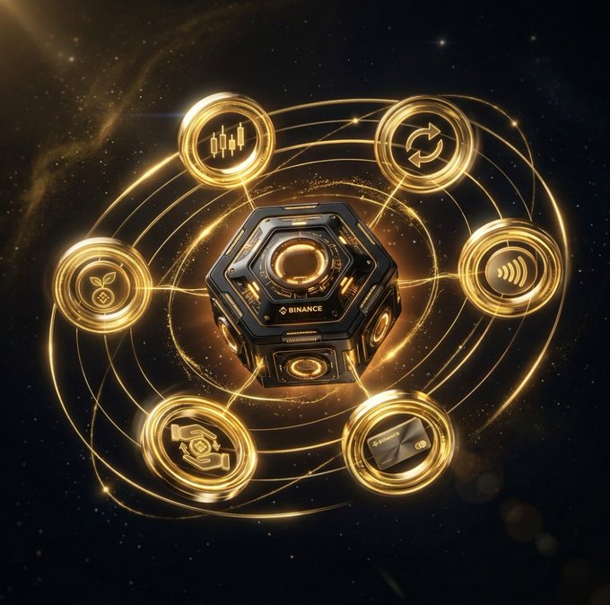 A golden Binance cryptocurrency emblem surrounded by floating circular icons representing trading and connectivity against a cosmic starry background.