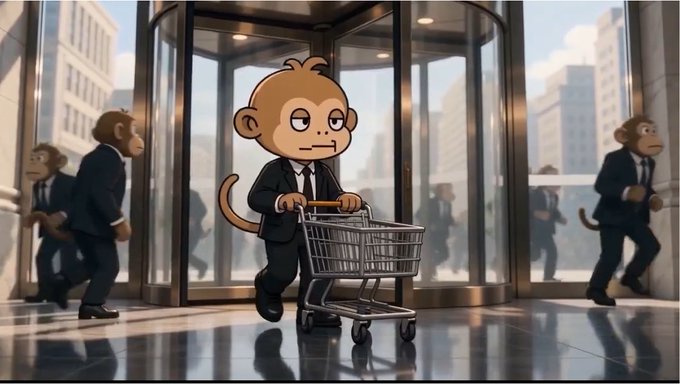 A cartoon monkey in a black business suit pushes a shopping cart through a revolving glass door in a corporate lobby, with other suited monkeys walking in the background.
