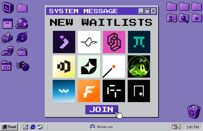 A retro-styled computer interface displays a "SYSTEM MESSAGE" window titled "NEW WAITLISTS" featuring a 4x3 grid of colorful crypto project logos and a "JOIN" button, visually complementing the post's announcement about early waitlist opportunities. The pixelated purple desktop aesthetic includes a taskbar reading "Start" and "Batoons_res" at 3:41 PM, reinforcing the crypto-themed promotional content.