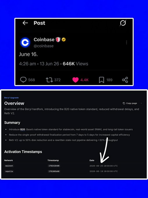 The image shows two separate posts with different colors, likely for better readability or to highlight specific information. One post contains a timeline of upcoming events leading to the launch of Base's native token in June 2016. The other post displays details about a Twitter conversation between @baseapp and a user named "Developer". These posts seem to be related as they discuss the expected release date for the Native Token.