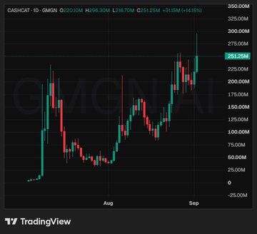 The chart shows CashCat (CASHCAT) surging to roughly $251.25M market cap, with TradingView displaying intraday highs near $300M. This reflects the post’s claim that CASHCAT hit a $300M market cap while “flipping” $AI.