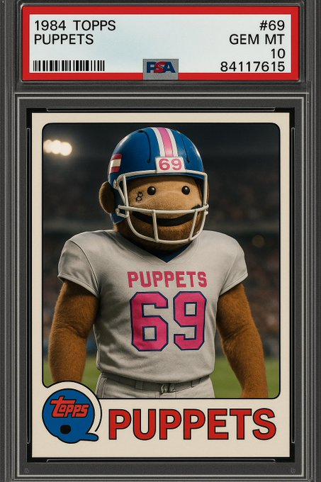A PSA-graded 1984 Topps Puppets trading card #69 in GEM MT 10 condition features a puppet football player wearing a blue and pink helmet and a jersey with 'PUPPETS' and the number '69.'