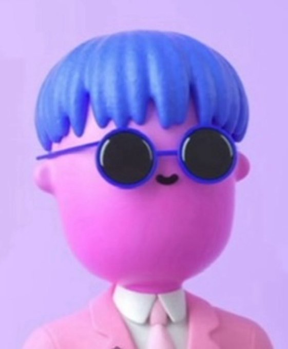 3D-rendered character with blue hair and round black sunglasses wearing a pink suit against a light purple background.