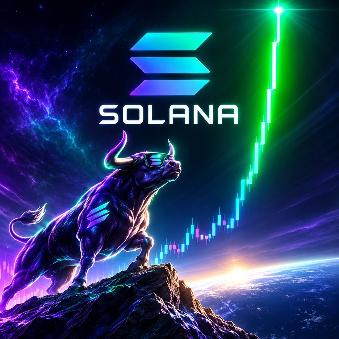 A powerful bull stands atop a mountain with the Solana logo and a rapidly rising stock chart behind it, symbolizing significant growth and momentum for Solana. The image directly relates to the post's "it's fucking time. Solana." excitement by visually representing the anticipated surge.