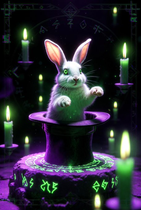 A mystical digital artwork depicts a white rabbit emerging from a purple magician's hat, surrounded by glowing green candles and rune symbols on a magical purple and green illuminated base.