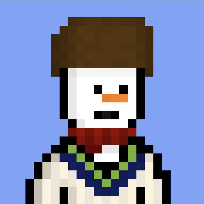 Pixel art snowman wearing a brown top hat, orange carrot nose, red scarf, and green/blue patterned sweater against a light blue background.