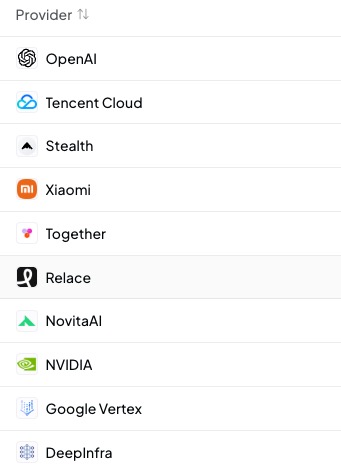 A mobile app interface listing AI providers including OpenAI, Tencent Cloud, Stealth, Xiaomi, Together, Relace, NovitaAI, NVIDIA, Google Vertex, and DeepInfra.