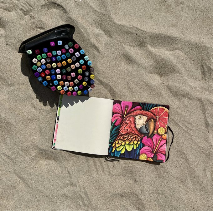 A black case filled with colorful alphabet beads sits on sand next to an open sketchbook featuring a vibrant drawing of a parrot and hibiscus flowers.