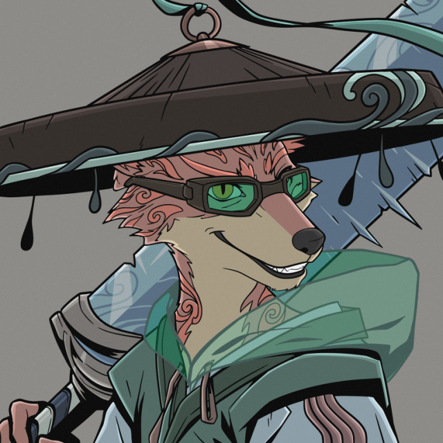 An illustration of an anthropomorphic red and tan animal character (resembling a fox or dog) wearing a wide-brimmed woven hat, green-tinted sunglasses, and teal robes.