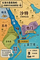 An illustrated map showing the Red Sea region with Chinese text, highlighting countries like Saudi Arabia (沙特), Egypt (埃及), and Yemen (也门) along the key shipping routes between the Mediterranean Sea and the Gulf of Aden.