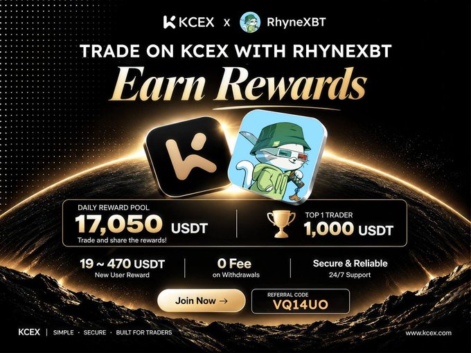 A promotional advertisement reads 'TRADE ON KCEX WITH RHYNEXBT Earn Rewards' featuring a daily reward pool of '17,050 USDT' and a top trader reward of '1,000 USDT', with referral code 'VQ14UO'.