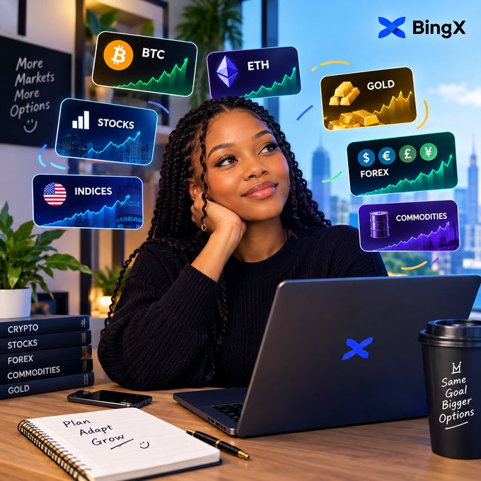 A promotional image for BingX featuring a woman at a laptop surrounded by trading category icons including BTC, ETH, GOLD, STOCKS, FOREX, INDICES, and COMMODITIES, with books and a coffee mug on the desk reading 'Same Goal Bigger Options'.