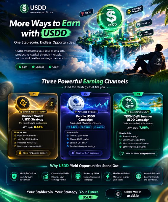 A promotional infographic for USDD stablecoin highlighting "More Ways to Earn with USDD" through three earning channels: Binance Wallet (8.44% APY), Pendle USDD Campaign (YT 8.26%/PT 7.48%/LP 6.42%), and TRON DeFi Summer Campaign (7.99% APY). The image visually reinforces the post's message by showcasing USDD's flexible, accessible earning opportunities beyond single APY metrics.