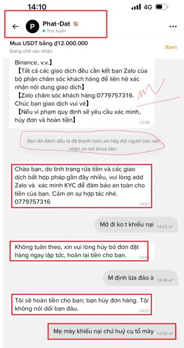Vietnamese text conversation screenshots between users 'Phat-Dat' and another party regarding a USDT order of 12,000,000, with red annotations highlighting certain messages.