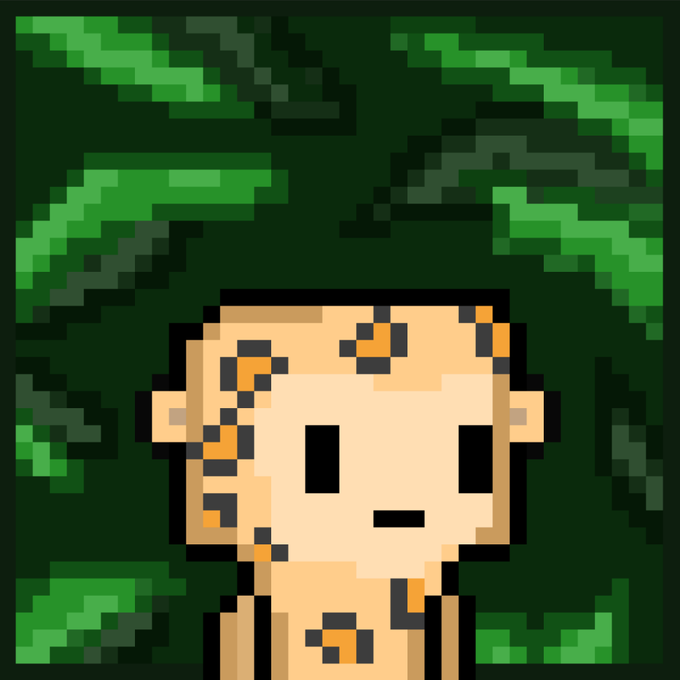 The image features a cartoon character with a leopard print head, wearing a brown shirt and sitting among green leaves. The character appears to be looking directly at the camera, giving off an engaging and friendly vibe. The background of the image consists of various green leaves, creating a natural and lively atmosphere for the scene.