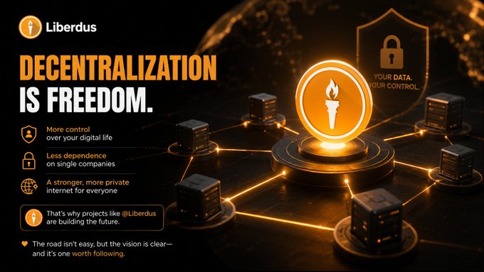 A promotional graphic for "Liberdus" features the bold headline "DECENTRALIZATION IS FREEDOM." alongside a torch icon and a network of connected servers, reinforcing the message that the project is building a user-controlled, decentralized internet that reduces reliance on single companies.
