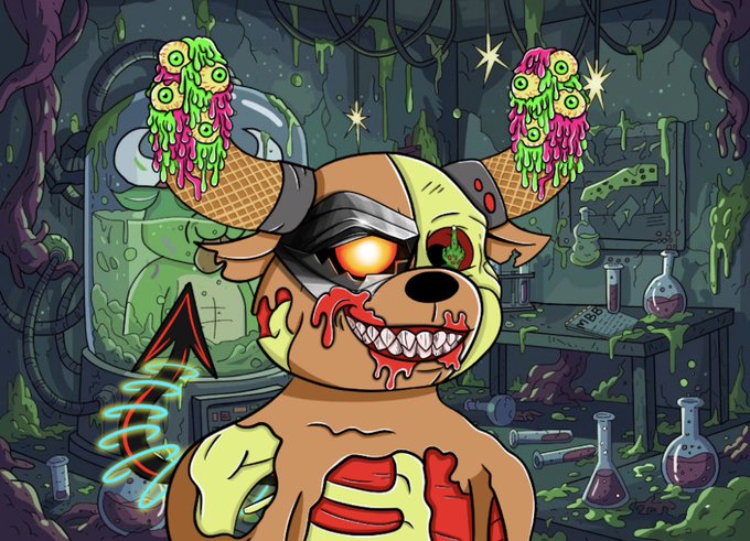 The image features a cartoon bear with blood dripping from its mouth, wearing a mask that has googly eyes and fake blood dripping down its face. The bear appears to be in distress or pain due to the blood coming out of its mouth. The background shows a dark room filled with various objects such as bottles and vials, which could be part of a laboratory setting. The caption for the image reads: "Mutant Monday Giveaway Foll0w @moovmeta Like and repost Comment Mutant Monday Or shop SolOnChain.io".