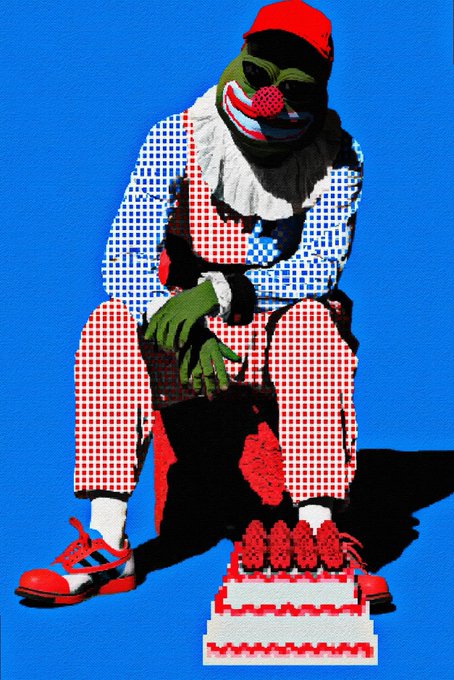 A surreal, pixelated image of a clown in a blue, red, and white patterned outfit sitting next to a small cake against a bright blue background. The image captures the melancholic theme of "The Party After Everyone Left" mentioned in the post, using the lonely clown figure to evoke a sense of emptiness.