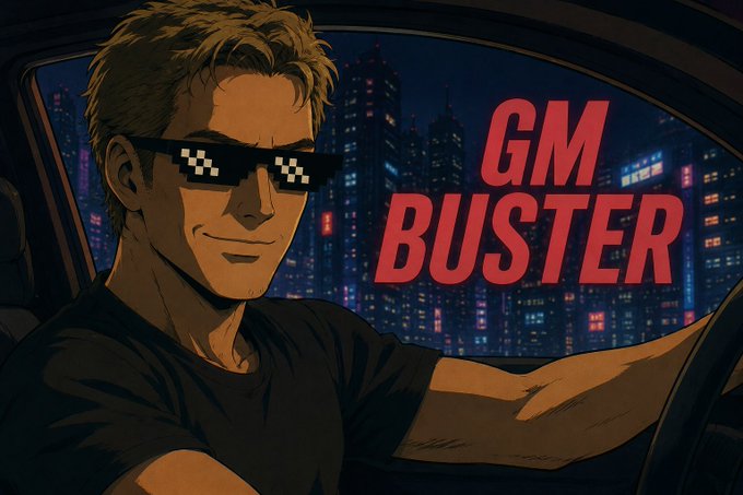 An illustrated graphic shows a smiling man with blonde hair wearing pixelated "deal with it" sunglasses, driving a car at night with a city skyline in the background, accompanied by the bold red text "GM BUSTER."