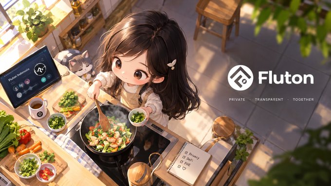 Image 8: An illustration of a cute, chibi-style girl cooking in a sunny kitchen, stirring a pot of food on an induction stove. A logo for "Fluton" with the tagline "PRIVATE · TRANSPARENT · TOGETHER" is displayed on the right, along with a notebook on the counter that has notes including "Privacy" and "FLUT".