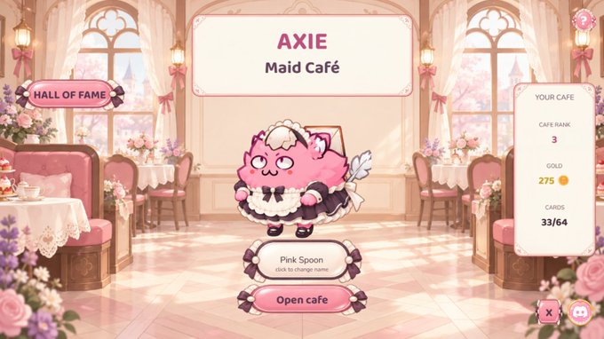 A screenshot from the Axie Infinity game showing the 'Maid Café' interface with a pink axie character dressed in a maid outfit, featuring cafe rank 3, 275 gold, and 33/64 cards, set in a pink-themed elegant cafe environment.